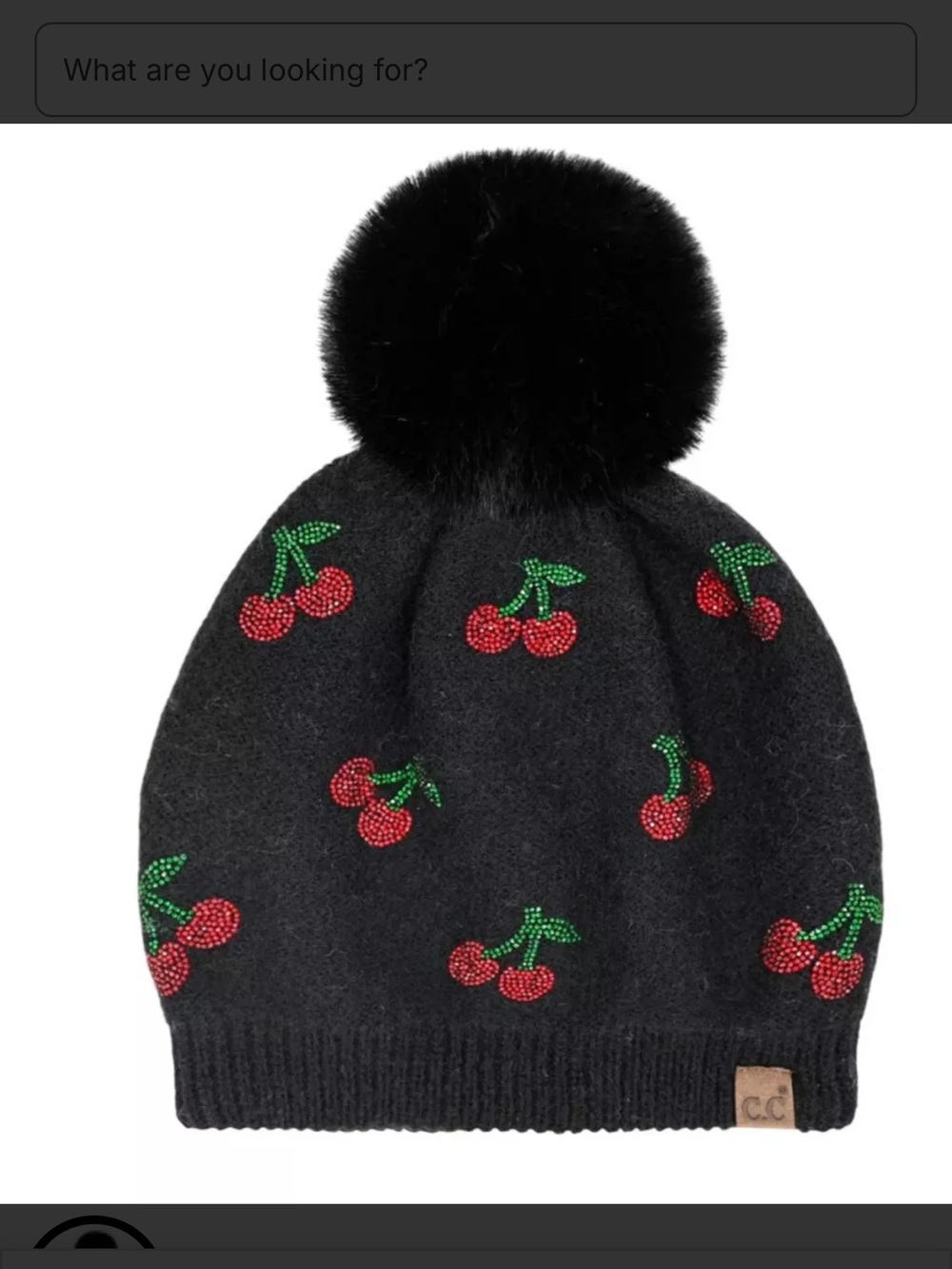 C.C Cherry Rhinestone Pom Beanie Black Red Green Cherries Knit Stretchy Warm